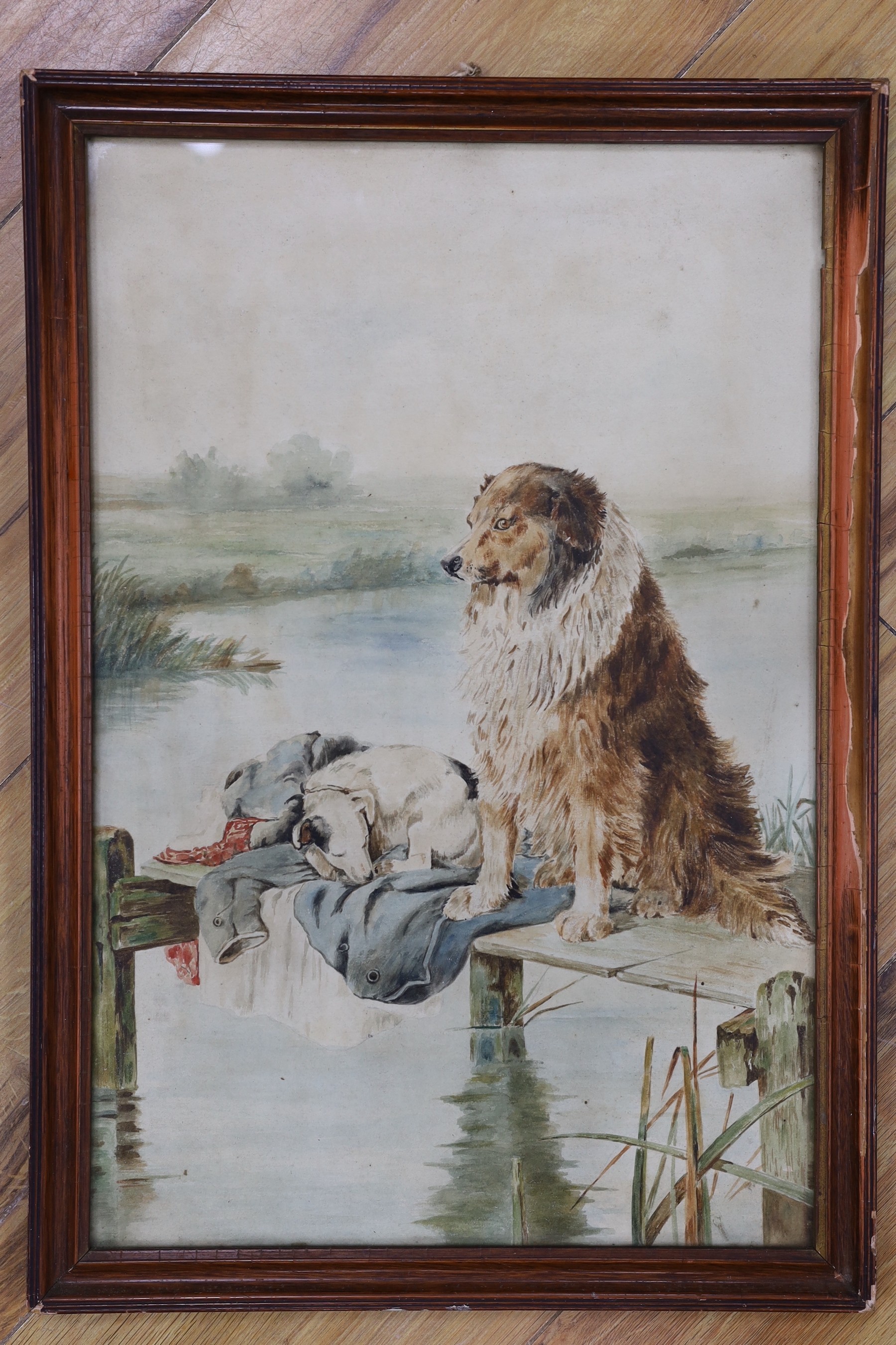 Raymond Sheppard (1913-1958), watercolour, Dogs upon a jetty, 45 x 29cm